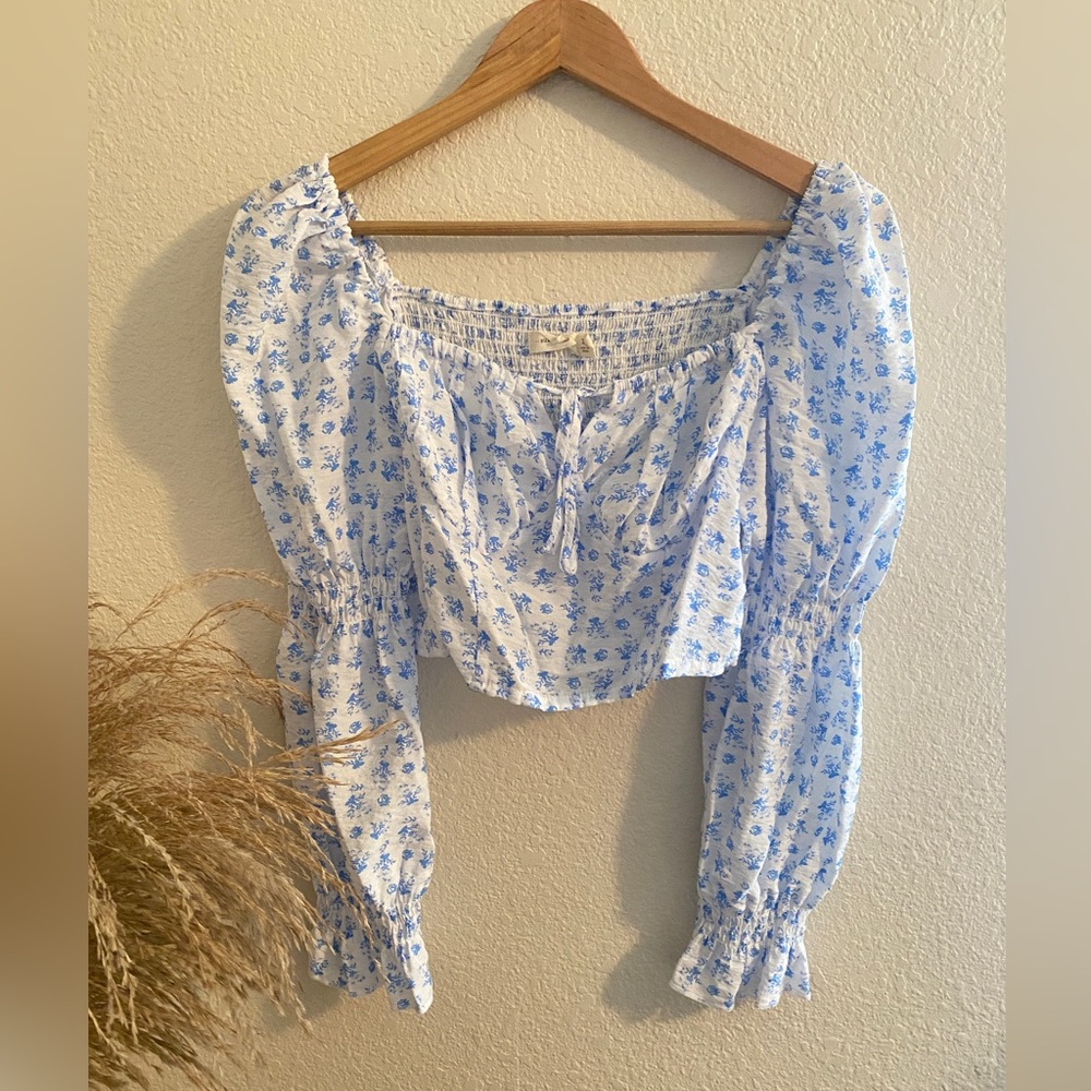 Blue And White Floral Long Sleeve Crop Top